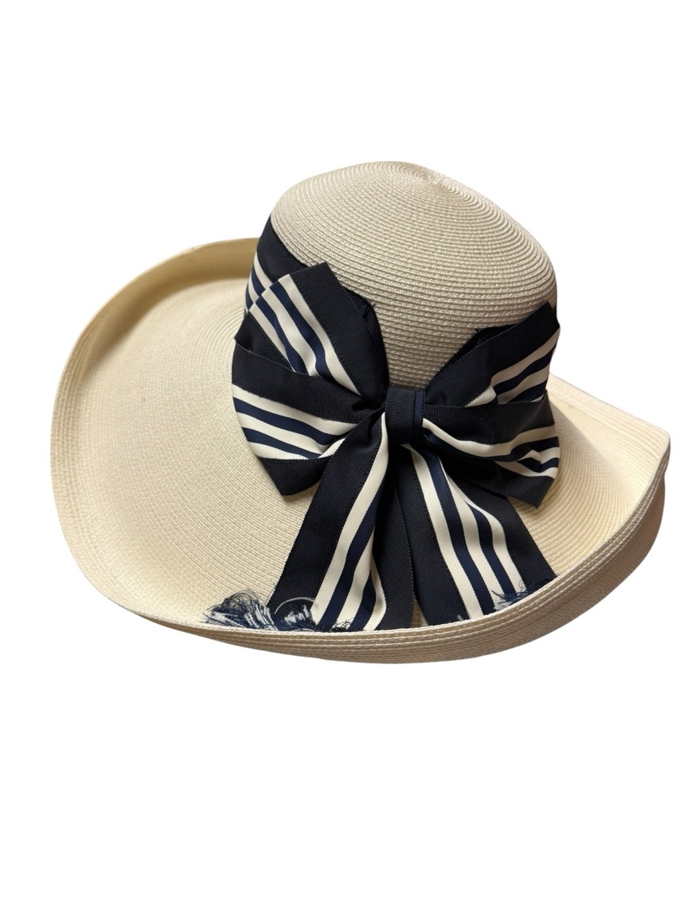 NWT Eric Javits Wide-Brim White Straw Sun Hat with Navy Striped Band 16” - Picture 6 of 10